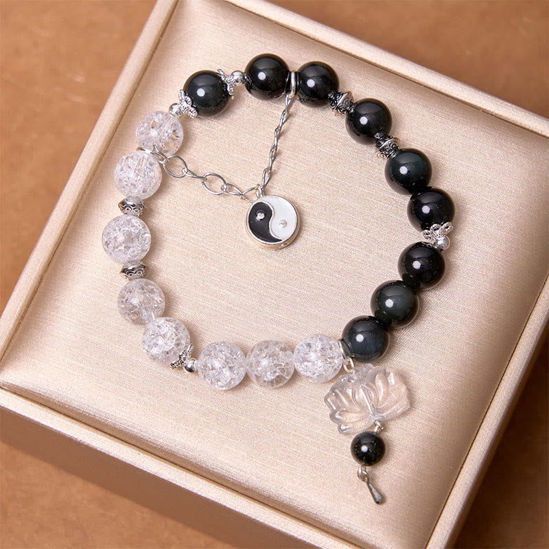 Buddha Stones, brillo plateado, obsidiana craquelada, cuarzo transparente, Cuarzo rutilado negro, pulsera de protección de loto Yin Yang