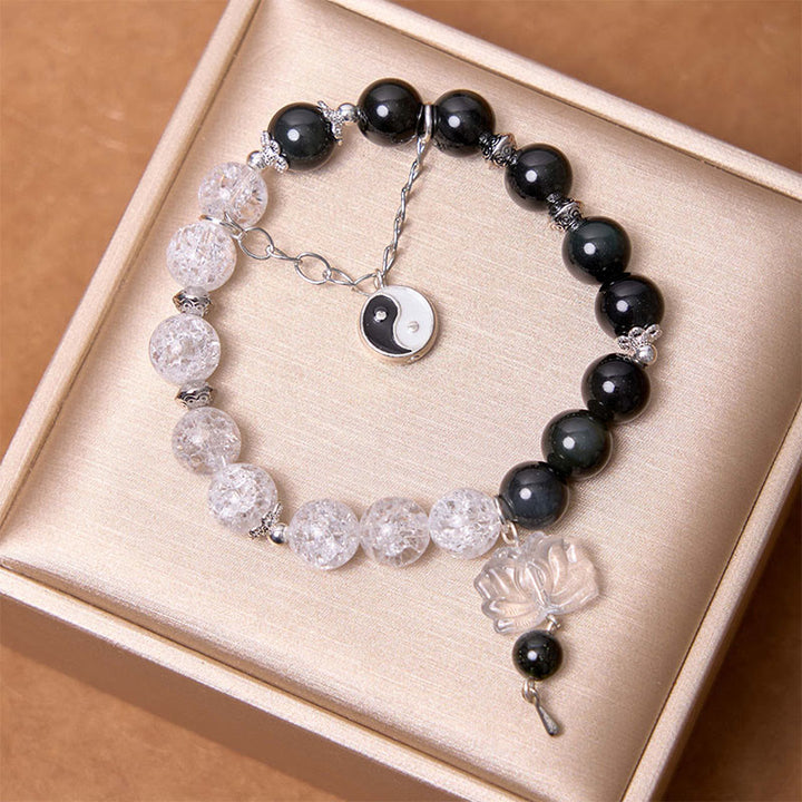 Buddha Stones, brillo plateado, obsidiana craquelada, cuarzo transparente, Cuarzo rutilado negro, pulsera de protección de loto Yin Yang
