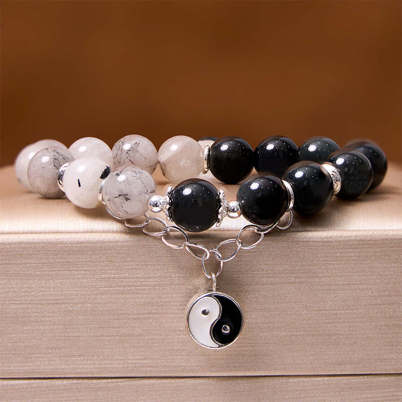 Buddha Stones, brillo plateado, obsidiana craquelada, cuarzo transparente, Cuarzo rutilado negro, pulsera de protección de loto Yin Yang
