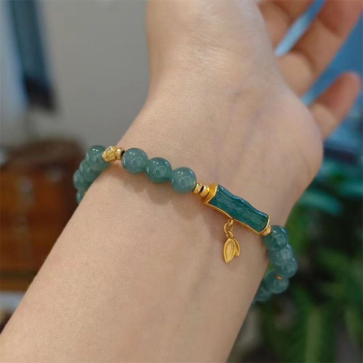 Pulsera de la suerte con dije de bambú de Jade verde natural chapado en plata de ley 925 con Buddha Stones