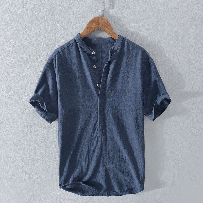 Buddha Stones Color sólido manga corta medio botón camisa algodón lino hombres ropa - Azul acero - US/UK/AU42, EU52 (3XL)  - image 1