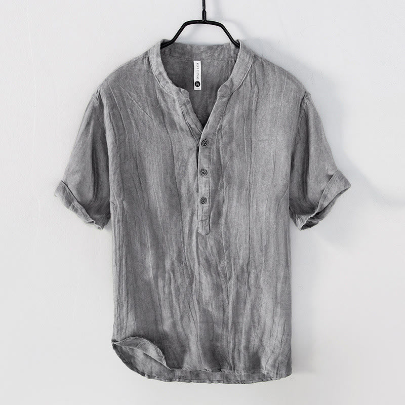 Buddha Stones Color sólido manga corta medio botón camisa lino y algodón hombres ropa - Manga corta - Gris - US/UK/AU50, EU60 (5XL) - image 0
