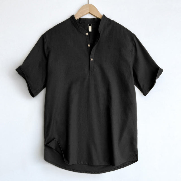 Camisa de lino con botones de manga corta para hombre de color sólido con Buddha Stones - Negro - US/UK/AU44, EU54 (4XL) - image 20