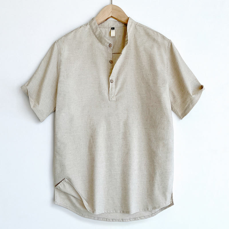 Camisa de lino con botones de manga corta para hombre de color sólido con Buddha Stones - image 15