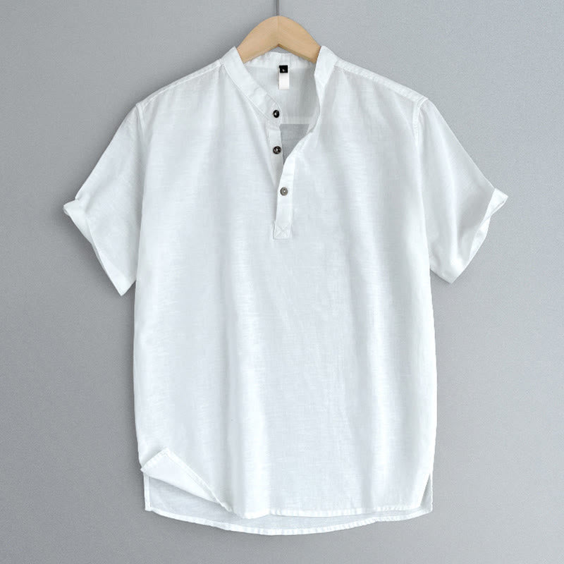Camisa de lino con botones de manga corta para hombre de color sólido con Buddha Stones - image 19