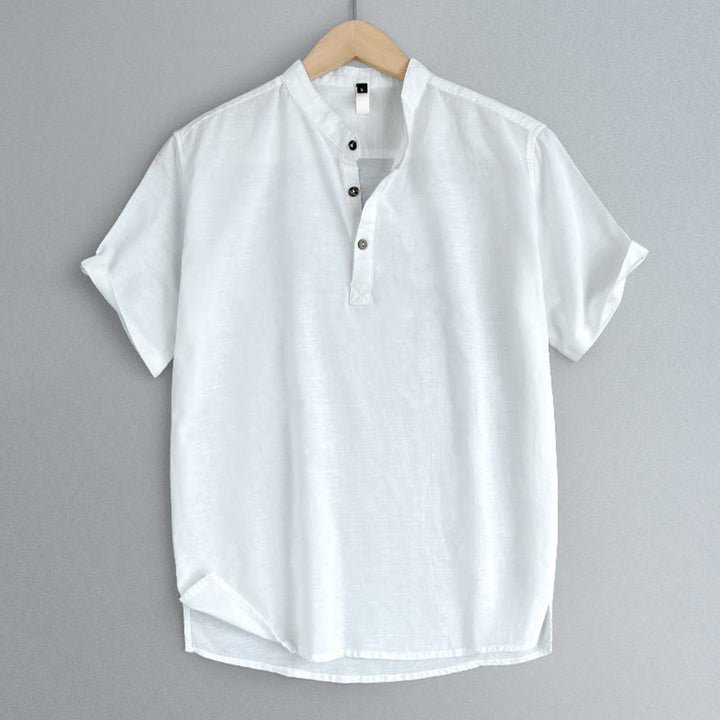 Camisa de lino con botones de manga corta para hombre de color sólido con Buddha Stones - image 19