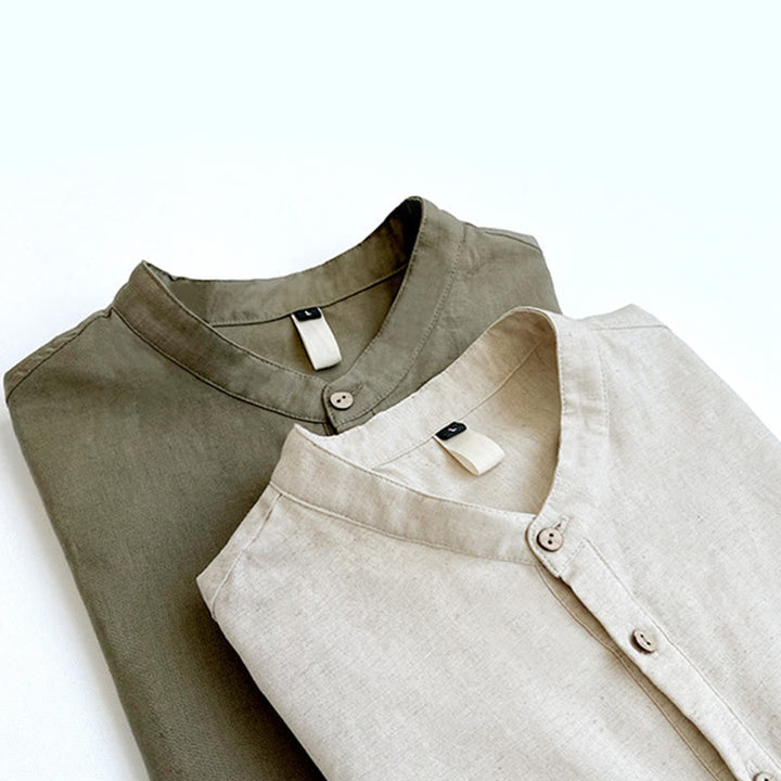 Camisa de lino con botones de manga corta para hombre de color sólido con Buddha Stones - image 1