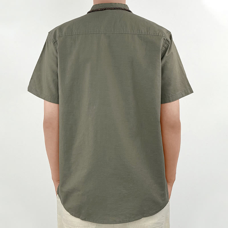 Camisa de lino con botones de manga corta para hombre de color sólido con Buddha Stones - image 3