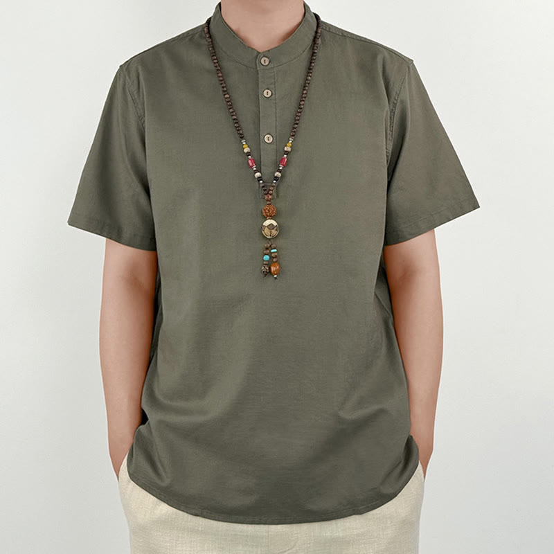 Camisa de lino con botones de manga corta para hombre de color sólido con Buddha Stones - Caqui oscuro - US/UK/AU44, EU54 (4XL) - image 0
