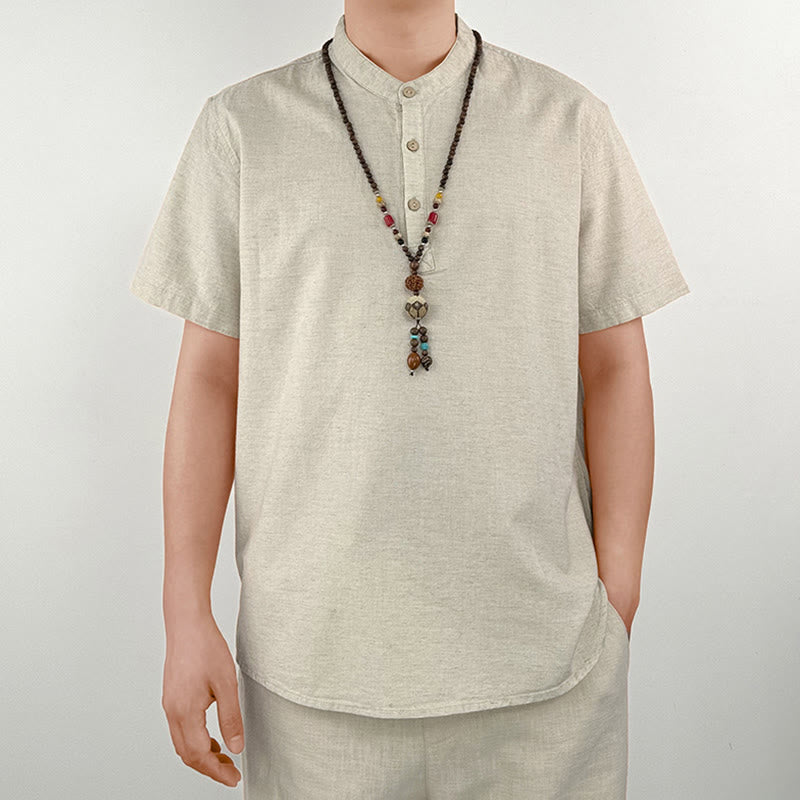 Camisa de lino con botones de manga corta para hombre de color sólido con Buddha Stones - image 10