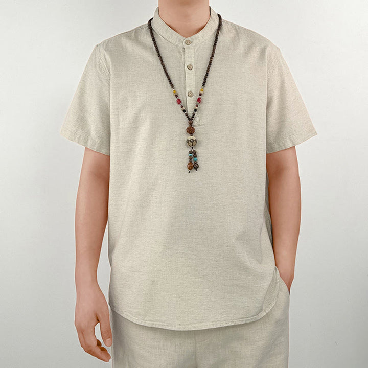 Camisa de lino con botones de manga corta para hombre de color sólido con Buddha Stones - image 10