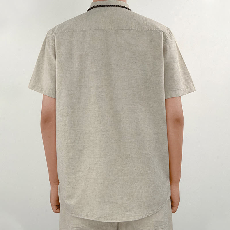 Camisa de lino con botones de manga corta para hombre de color sólido con Buddha Stones - image 9
