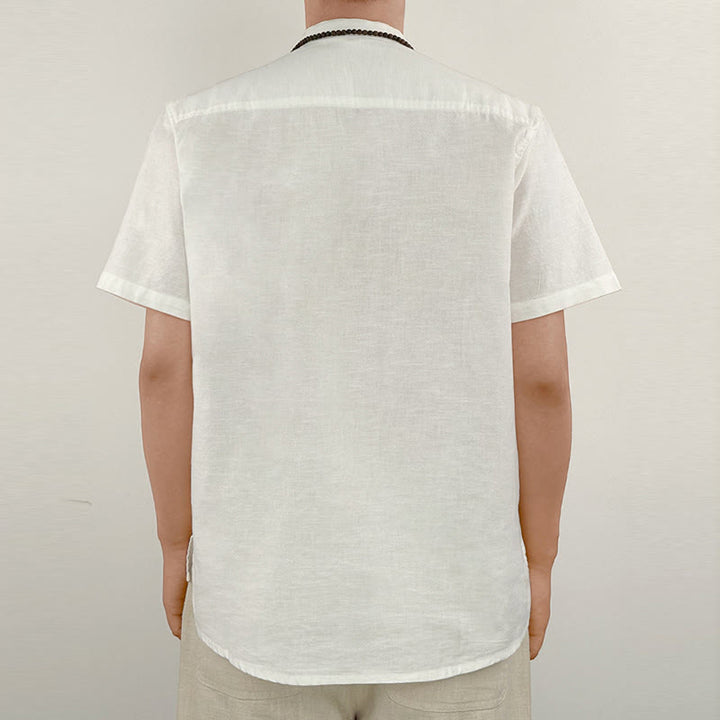 Camisa de lino con botones de manga corta para hombre de color sólido con Buddha Stones - image 17