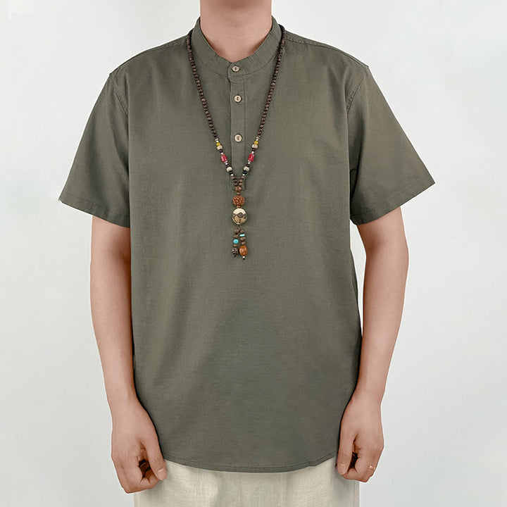 Camisa de lino con botones de manga corta para hombre de color sólido con Buddha Stones - image 2
