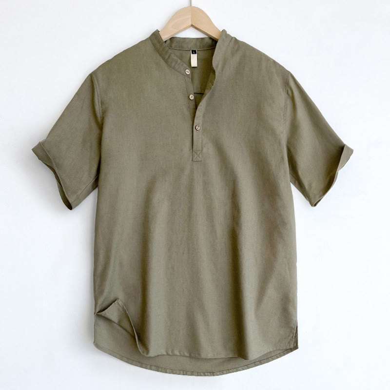 Camisa de lino con botones de manga corta para hombre de color sólido con Buddha Stones - image 4
