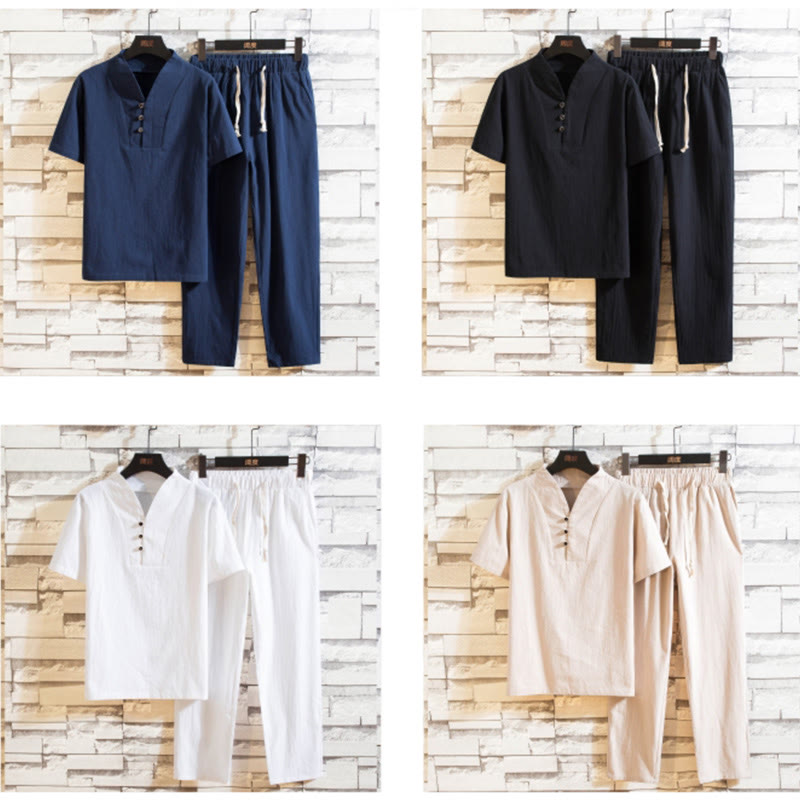 Buddha Stones Conjunto de 2 piezas de camiseta y pantalones de manga corta con botones de algodón de color sólido para hombre
