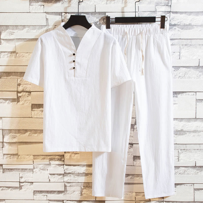 Conjunto de 2 camisetas y pantalones de manga corta con botones de algodón de color liso para hombre con Buddha Stones - Blanco - US/UK/AU46, EU56 (5XL) - image 0