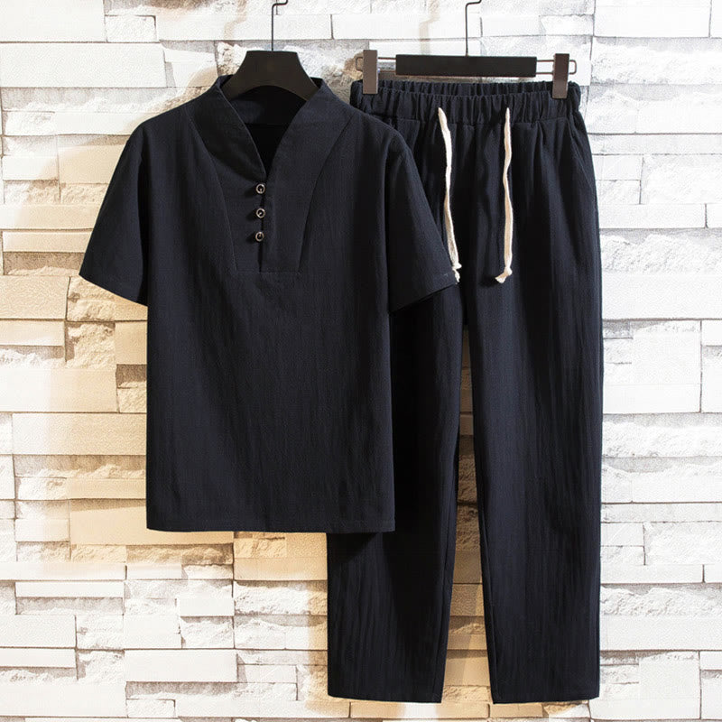 Buddha Stones Conjunto de 2 piezas de camiseta y pantalones de manga corta con botones de algodón de color sólido para hombre