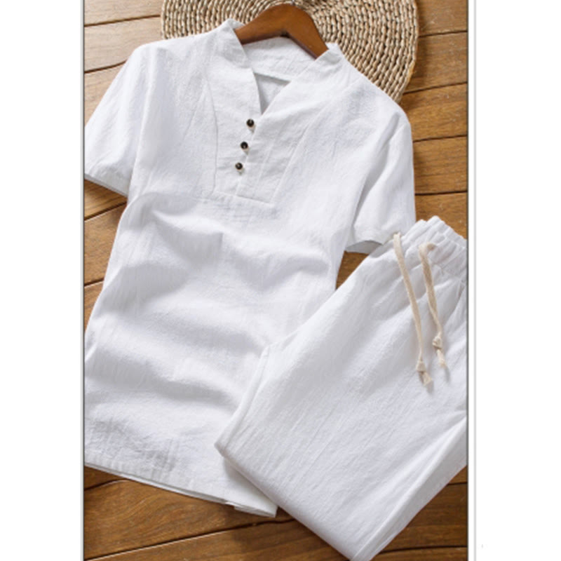 Buddha Stones Conjunto de 2 piezas de camiseta y pantalones de manga corta con botones de algodón de color sólido para hombre