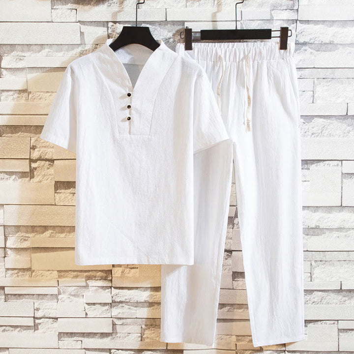 Conjunto de 2 camisetas y pantalones de manga corta con botones de algodón de color liso para hombre con Buddha Stones - Blanco - US/UK/AU44, UE54 (5XL) - image 0