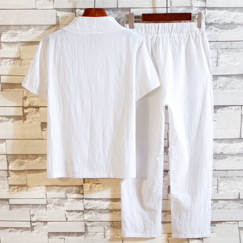 Buddha Stones Conjunto de 2 piezas de camiseta y pantalones de manga corta con botones de algodón de color sólido para hombre