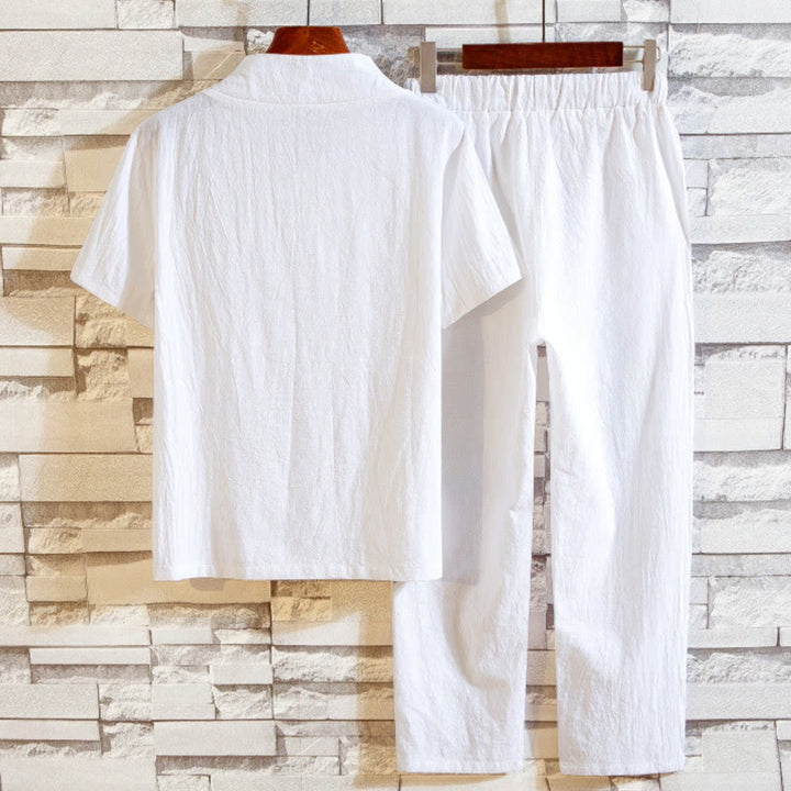 Buddha Stones Conjunto de 2 piezas de camiseta y pantalones de manga corta con botones de algodón de color sólido para hombre