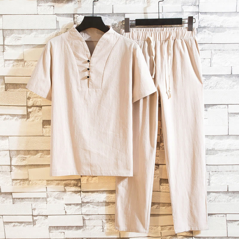 Buddha Stones Conjunto de 2 piezas de camiseta y pantalones de manga corta con botones de algodón de color sólido para hombre