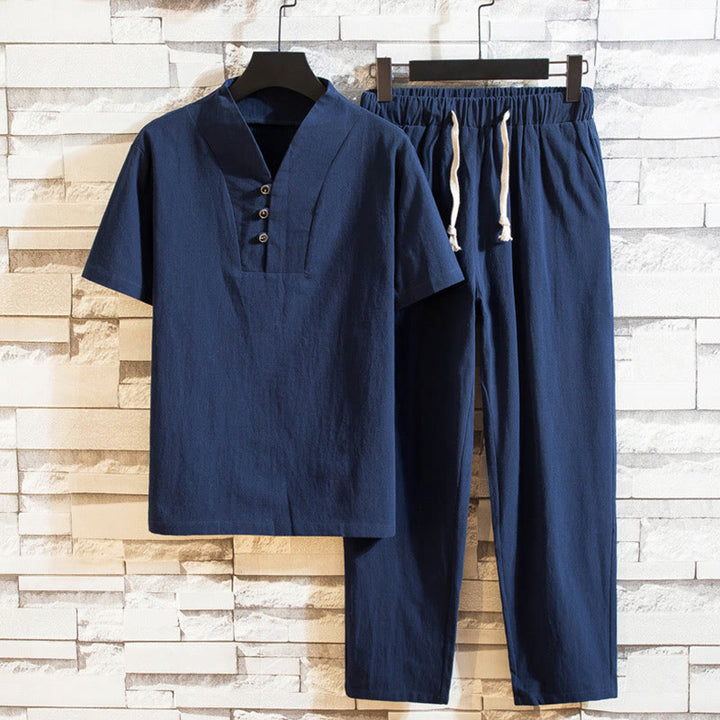 Buddha Stones Conjunto de 2 piezas de camiseta y pantalones de manga corta con botones de algodón de color sólido para hombre