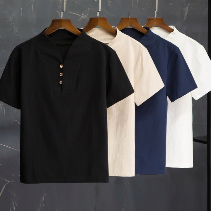 Buddha Stones Conjunto de 2 piezas de camiseta y pantalones de manga corta con botones de algodón de color sólido para hombre