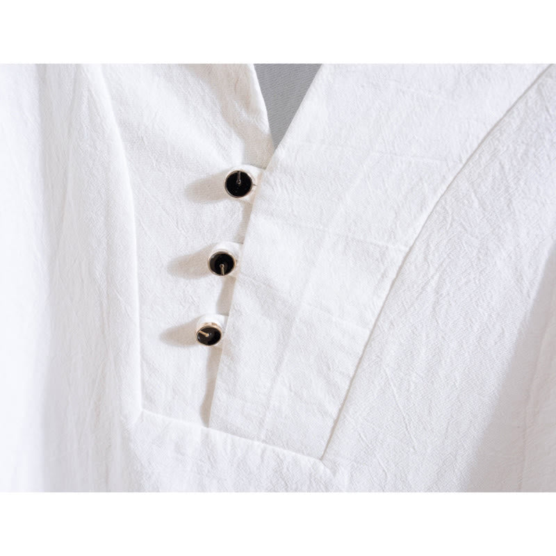 Buddha Stones Conjunto de 2 piezas de camiseta y pantalones de manga corta con botones de algodón de color sólido para hombre