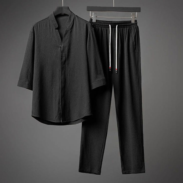 Buddha Stones 2 piezas conjunto de pantalones de camisa de media manga con botones de textura de color sólido para hombres - Negro - US/UK/AU44, UE54 (5XL) - image 12