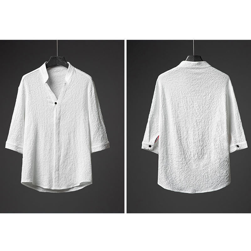 Buddha Stones 2 piezas conjunto de pantalones de camisa de media manga con botones de textura de color sólido para hombres - image 8