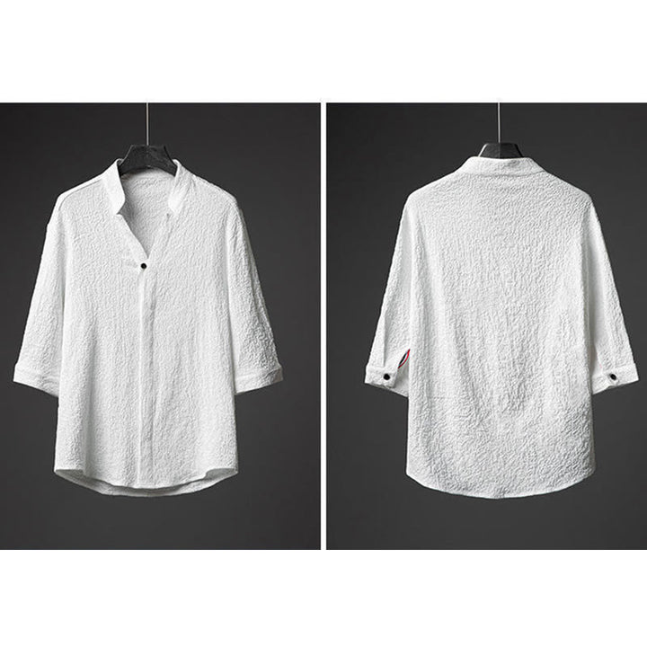 Buddha Stones 2 piezas conjunto de pantalones de camisa de media manga con botones de textura de color sólido para hombres - image 8