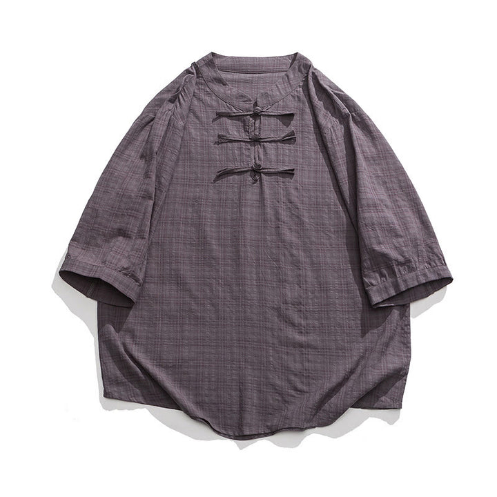 Camisa de media manga con diseño de cuadros de botones de rana y Buddha Stones, traje chino, ropa de hombre de lino y algodón