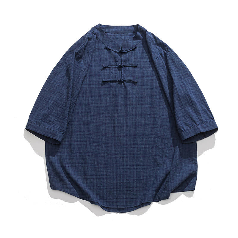 Camisa de media manga con diseño de cuadros de botones de rana y Buddha Stones, traje chino, ropa de hombre de lino y algodón