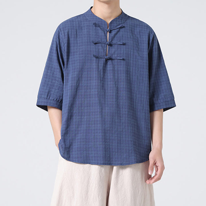 Camisa de media manga con diseño de cuadros de botones de rana y Buddha Stones, traje chino, ropa de hombre de lino y algodón