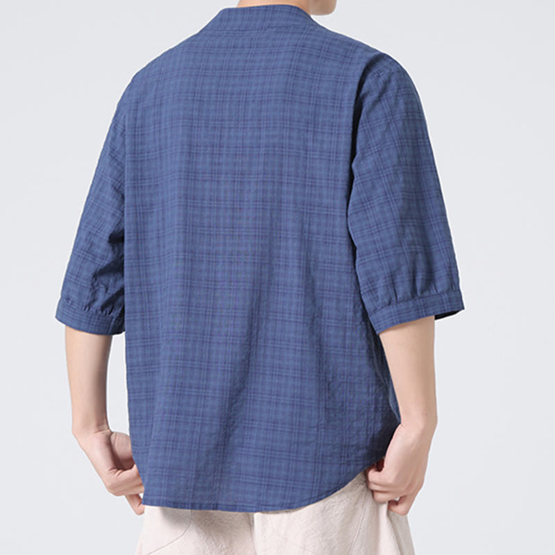Camisa de media manga con diseño de cuadros de botones de rana y Buddha Stones, traje chino, ropa de hombre de lino y algodón