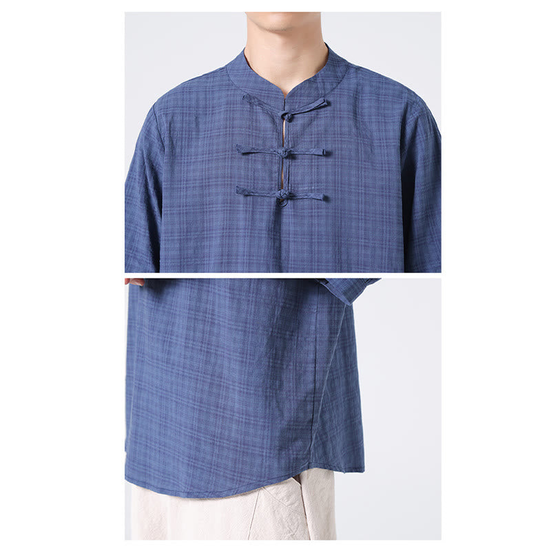 Camisa de media manga con diseño de cuadros de botones de rana y Buddha Stones, traje chino, ropa de hombre de lino y algodón