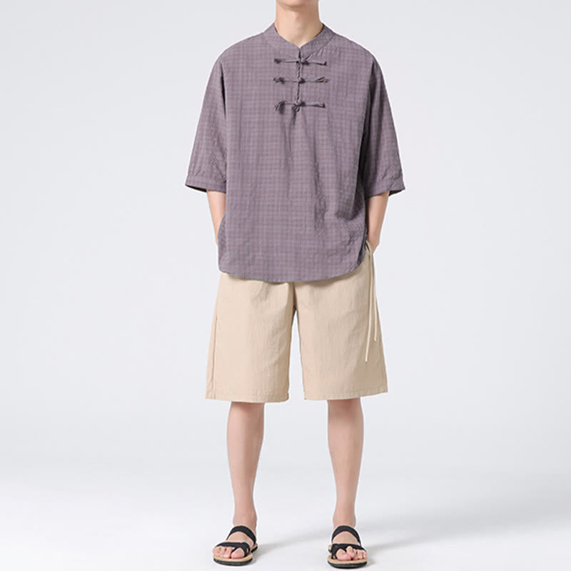 Camisa de media manga con diseño de cuadros de botones de rana y Buddha Stones, traje chino, ropa de hombre de lino y algodón
