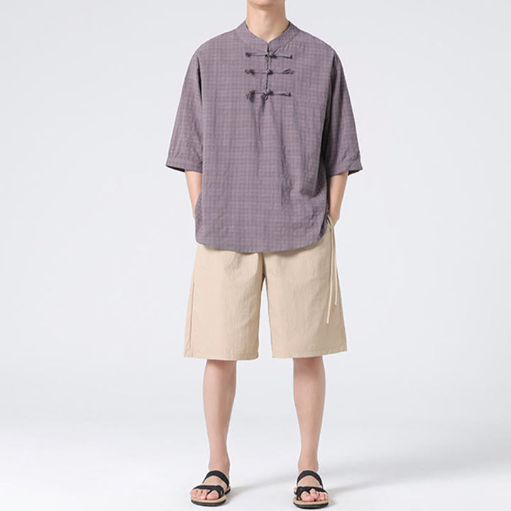 Camisa de media manga con diseño de cuadros de botones de rana y Buddha Stones, traje chino, ropa de hombre de lino y algodón