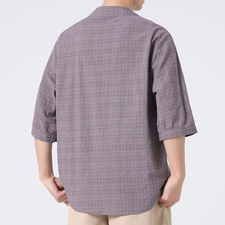 Camisa de media manga con diseño de cuadros de botones de rana y Buddha Stones, traje chino, ropa de hombre de lino y algodón