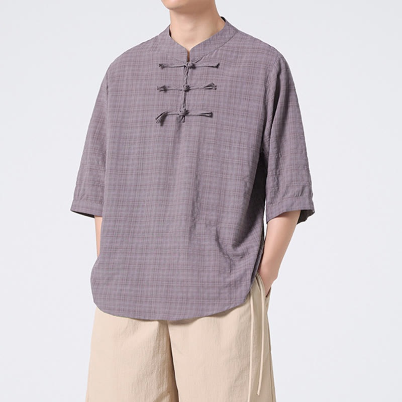 Camisa de media manga con diseño de cuadros de botones de rana y Buddha Stones, traje chino, ropa de hombre de lino y algodón