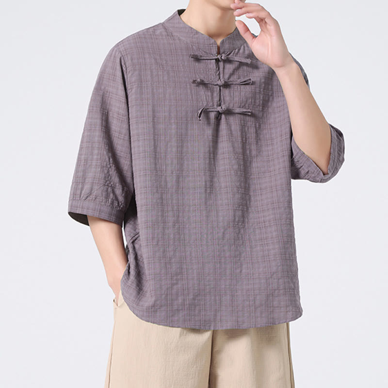 Camisa de media manga con diseño de cuadros de botones de rana y Buddha Stones, traje chino, ropa de hombre de lino y algodón