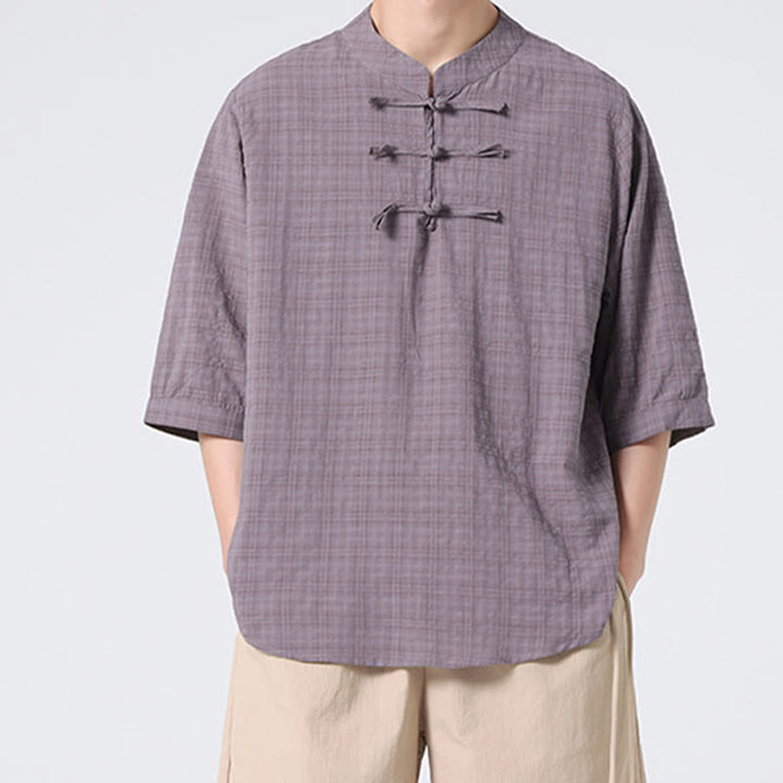 Camisa de media manga con diseño de cuadros de botones de rana y Buddha Stones, traje chino, ropa de hombre de lino y algodón