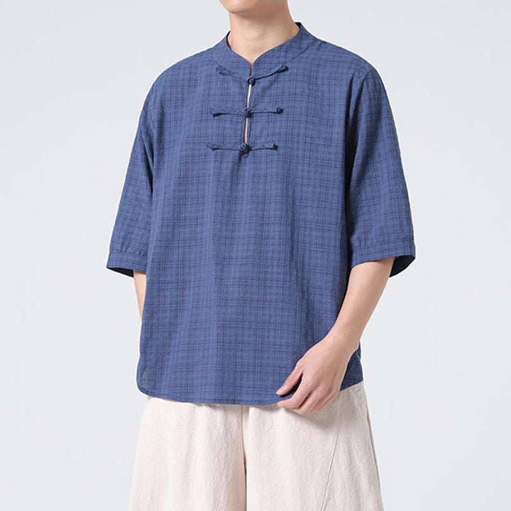 Camisa de media manga con diseño de cuadros de botones de rana y Buddha Stones, traje chino, ropa de hombre de lino y algodón