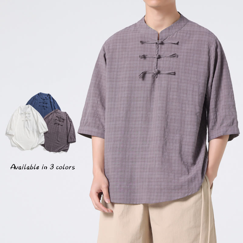 Camisa de media manga con diseño de cuadros de botones de rana y Buddha Stones, traje chino, ropa de hombre de lino y algodón