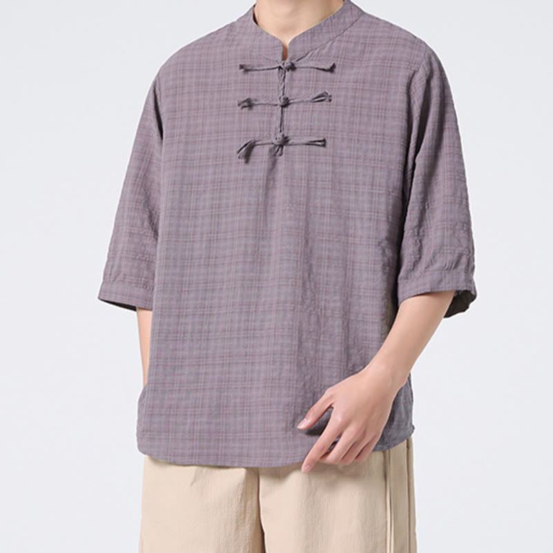 Camisa de media manga con diseño de cuadros de botones de rana y Buddha Stones, traje chino, ropa de hombre de lino y algodón