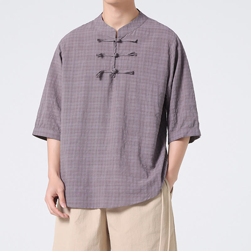 Camisa de media manga con diseño de cuadros de botones de rana y Buddha Stones, traje chino, ropa de hombre de lino y algodón