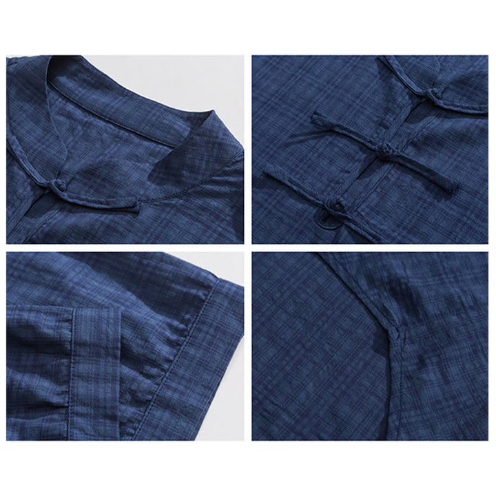 Camisa de media manga con diseño de cuadros de botones de rana y Buddha Stones, traje chino, ropa de hombre de lino y algodón