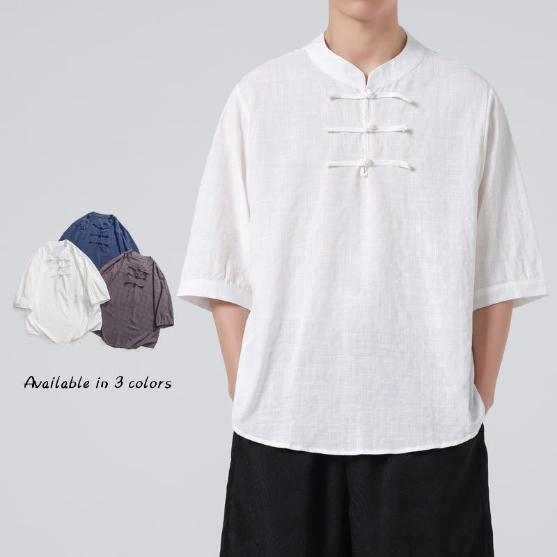 Camisa de media manga con diseño de cuadros de botones de rana y Buddha Stones, traje chino, ropa de hombre de lino y algodón